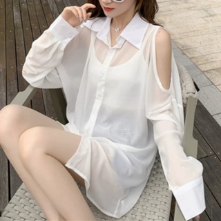 韓系女版休閒寬鬆鏤空露肩單排扣防晒薄款女裝長袖襯衫