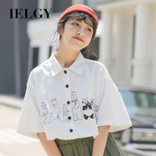 IELGY 短袖襯衫女白色夏季薄款寬鬆印花小眾日系polo衫