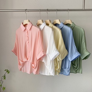 蔓莎💞實拍【精品】2023夏季百搭女裝POLO翻領單排扣短袖前短後長純色套頭襯衫上衣
