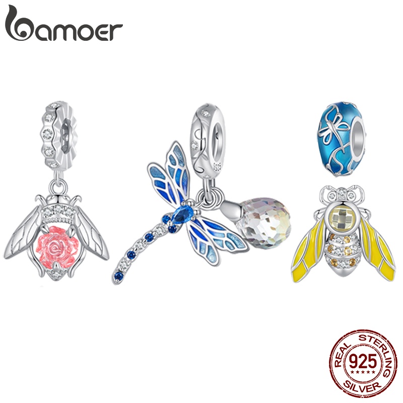 Bamoer 925 純銀夢幻昆蟲系列珠子、蜻蜓、蜜蜂時尚 DIY 吊飾適合手鍊