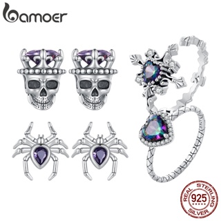 Bamoer 925 純銀萬聖節系列、蜘蛛、骷髏耳環和復古心形之王、十字戒指時尚首飾女