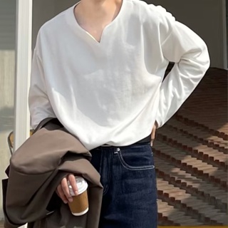 春夏韓版網紅V領設計感長袖T恤男寬鬆素色百搭舒適打底衫內搭