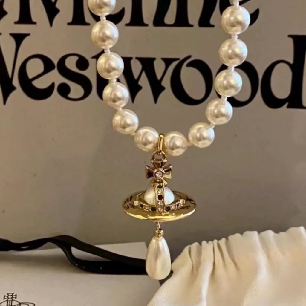 Westwood Vivienne 立體土星水滴珍珠項鍊復古百搭鎖骨鏈