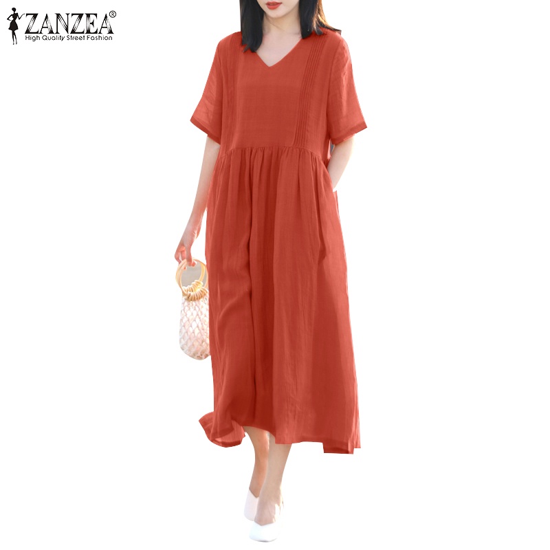 Zanzea 女式韓版休閒純色 V 領短袖寬鬆假日連衣裙