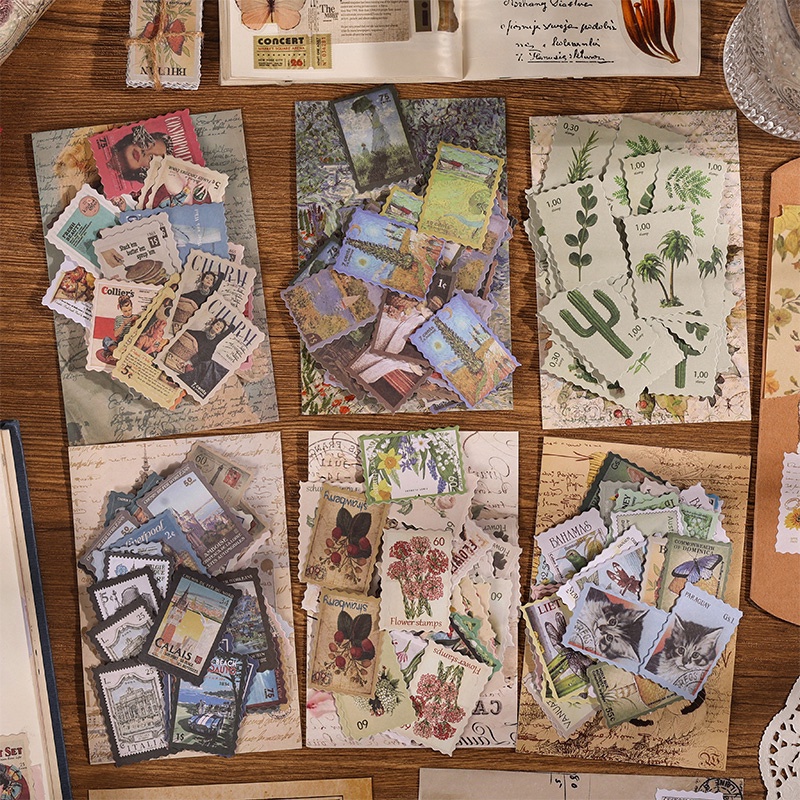 48 件復古郵票風格貼花包學生日記裝飾 DIY 郵票貼紙