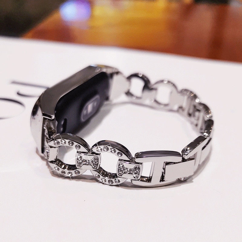 適用小米手環7代新款6nfc腕帶金屬鑲鑽時尚3/4/5通用手環表帶替換