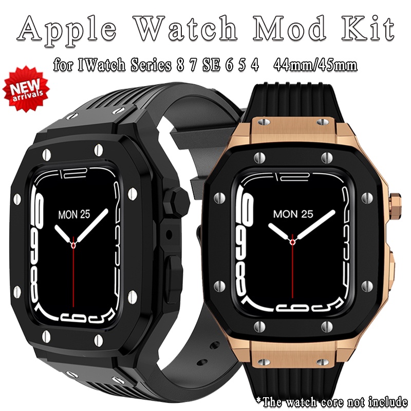 合金錶殼改裝套件豪華金屬錶殼表圈框架矽膠錶帶兼容 Apple Watch 8 7 45 毫米 iWatch 6 5 4