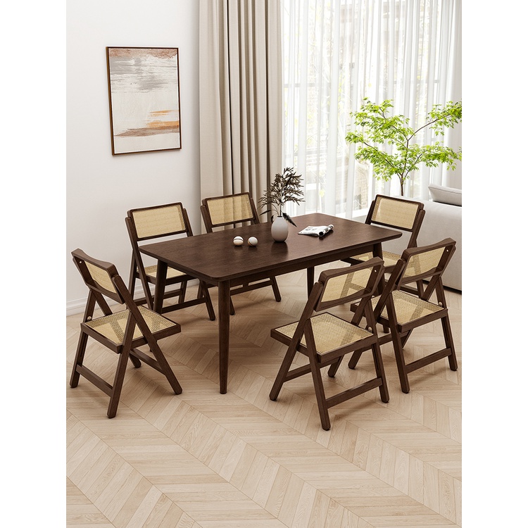 胡桃實木餐桌 藤編椅子 現代簡約長方形桌椅組合 家用小戶型 摺疊椅子