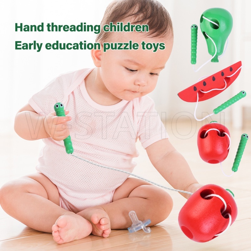 戴繩子遊戲的蟲吃水果/創意兒童動手教育穿線玩具/趣味寶寶早教玩具