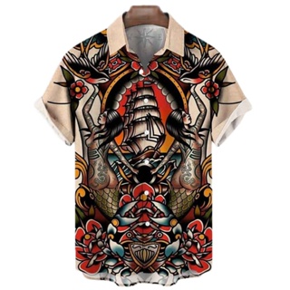 夏季日式印花男式襯衫紋身夏威夷男式襯衫經典短袖上衣 Y2k 原宿男裝新款