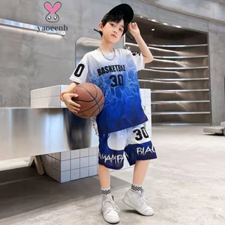 【YAOEENH】120-170CM 兒童時尚寬鬆休閒球服套裝 男童漸變短袖五分褲運動兩件套 現貨 快速出貨