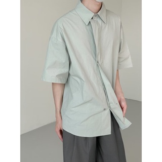 設計感襯衫男短袖夏季寬鬆五分袖襯衫素色休閒上衣ins潮流