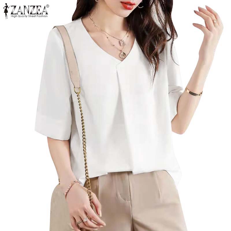 Zanzea 女式韓版時尚休閒 V 領短袖純色襯衫