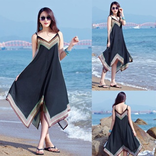 海島海灘沙灘裙子泰國海邊度假波西米亞長裙中長款女夏黑色洋裝