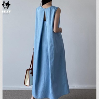 NN少女[輕奢高級]韓國chic夏季減齡復古小眾法式簡約氣質設計感露背牛仔背心洋裝洋裝
