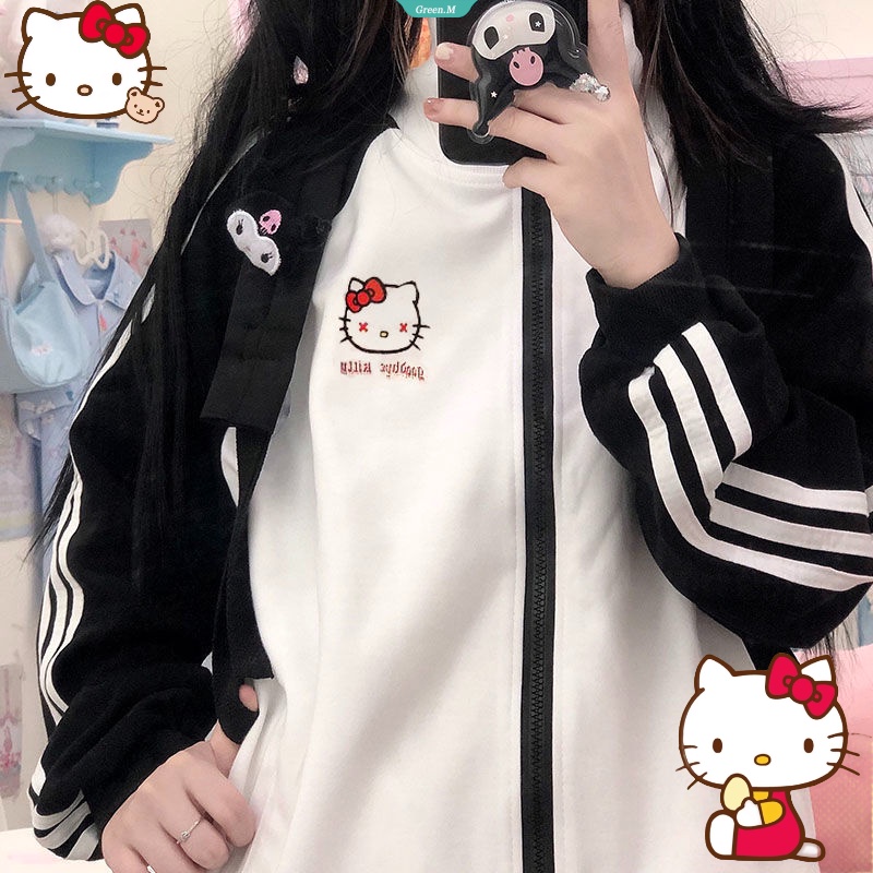 三麗鷗 Kawaii Sanrio Hello Kitty 棒球服外套 Kuromi 女秋季百搭寬鬆休閒外套動漫可愛卡通