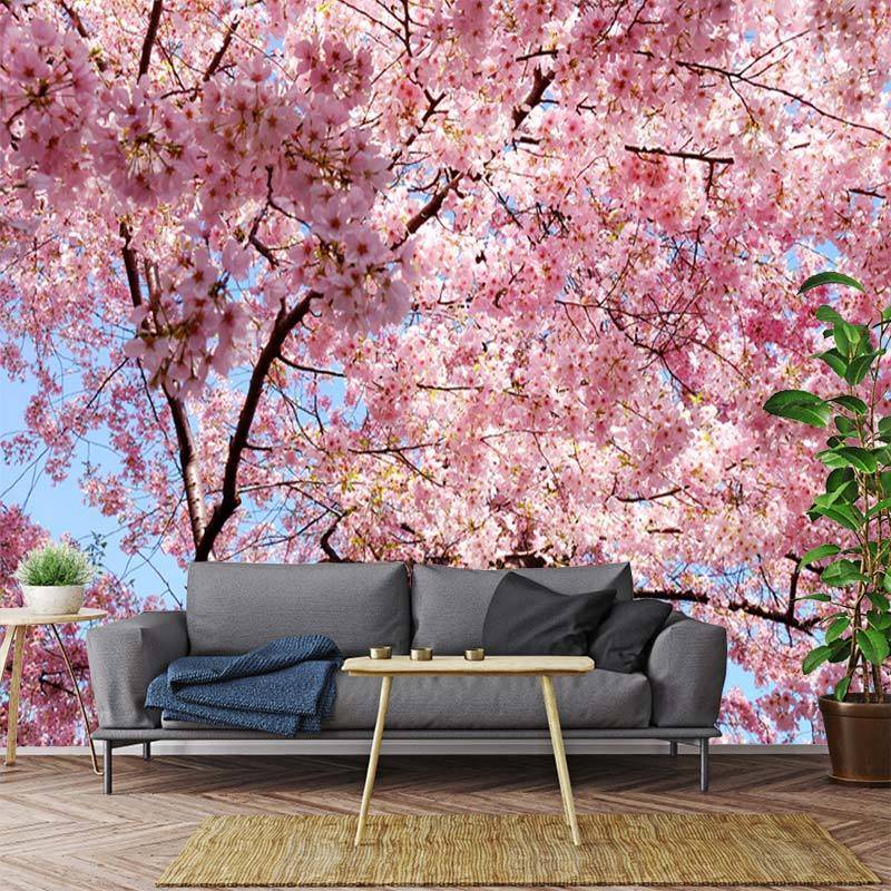定制粉紅櫻桃樹綠草自然花園風景客廳3d壁紙壁畫