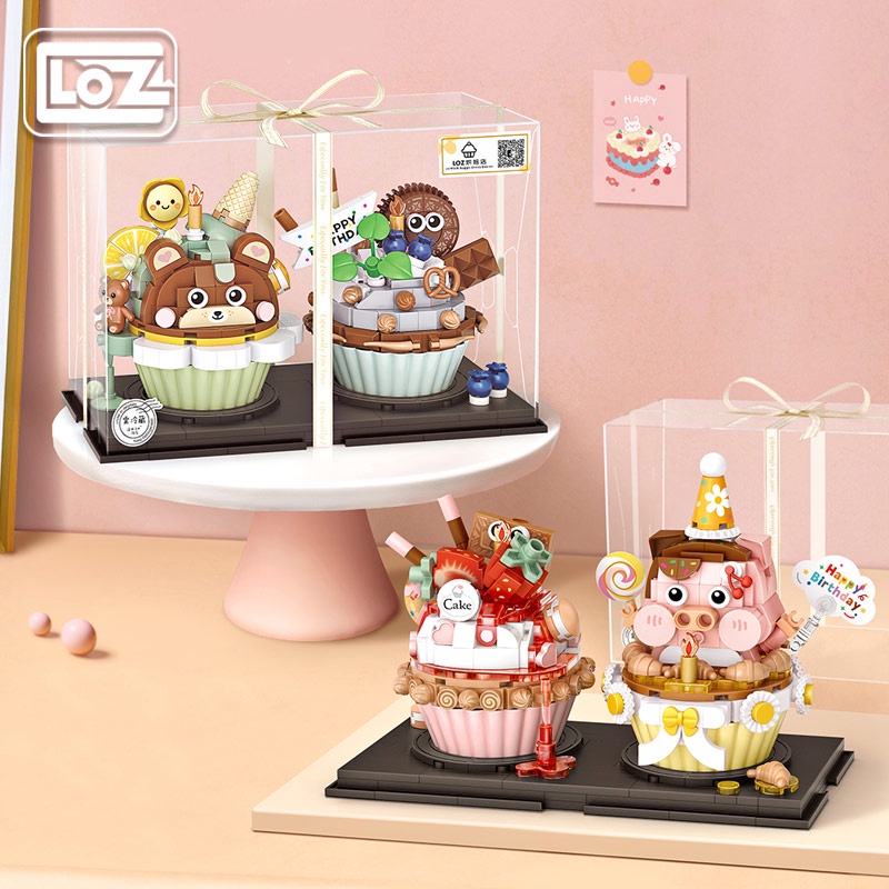 LOZ/俐智紙杯蛋糕 積木食玩美食拼裝草莓小豬 奧利奧小熊模型禮物