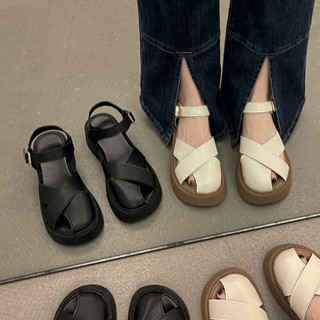 大碼女鞋 厚底軟底涼鞋羅馬鞋 女外穿包頭涼鞋 新款時尚復古一字帶鬆糕底羅馬鞋