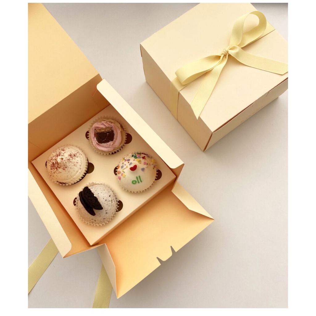 [附緞帶] 手提杯子蛋糕盒 四格杯子蛋糕盒 馬芬蛋糕盒 手提蛋糕盒 檸檬塔包裝盒