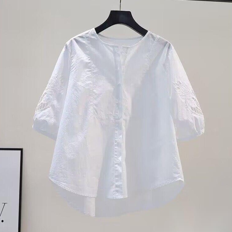 韓版短袖襯衫 鏤空素色襯衫 夏季寬鬆上衣