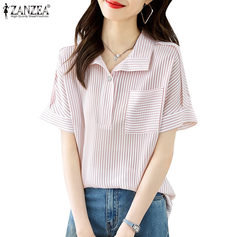 Zanzea 女式韓版時尚短袖翻領條紋襯衫