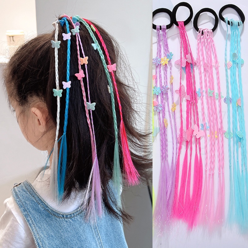 1 件裝彩虹色臟編織馬尾辮假髮兒童橡膠彈性髮帶女式女孩馬尾辮髮飾