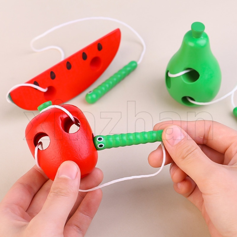 戴繩子遊戲的蟲吃水果/有趣的嬰兒早教玩具/創意兒童動手益智穿線玩具