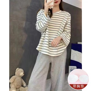 大尺碼睡衣 長袖家居服 條紋睡衣女自帶胸墊薄款寬松大碼100公斤可外穿家居服 大尺碼居家服 女生睡衣 秋冬睡衣 長袖睡衣