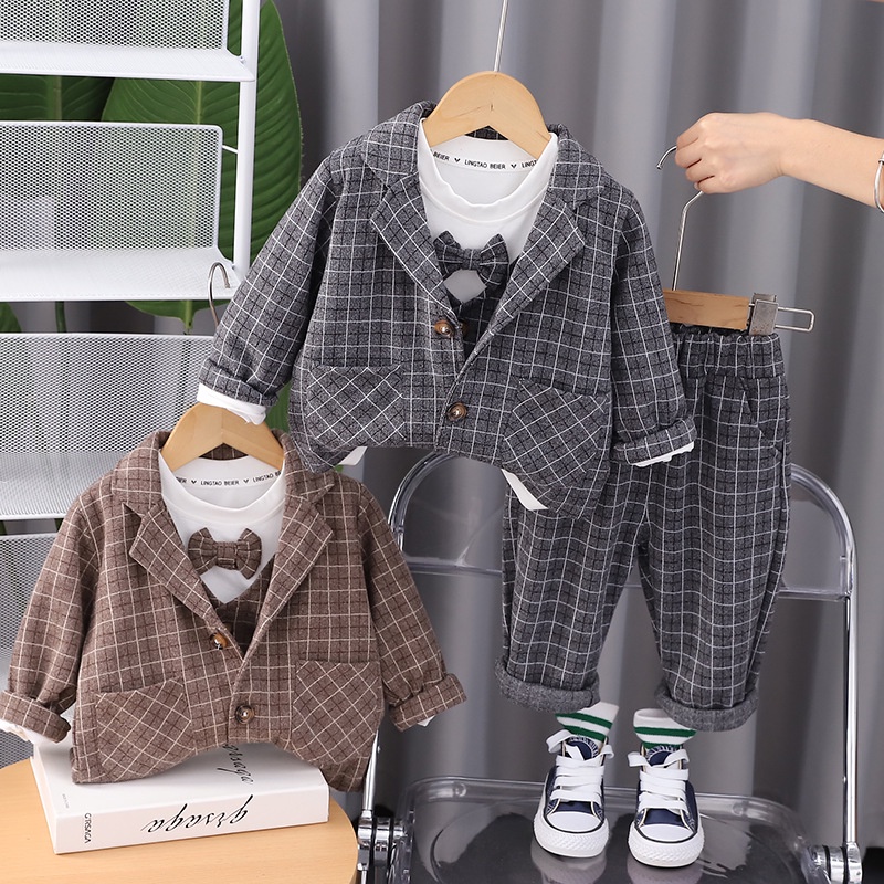 韓版兒童西裝三件式童套裝秋裝男童格子領結西裝外套假四件套批發