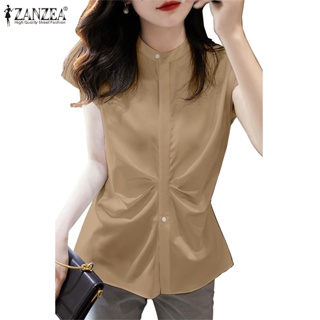 Zanzea 女式韓版時尚圓領短袖鈕扣褶襉上衣襯衫
