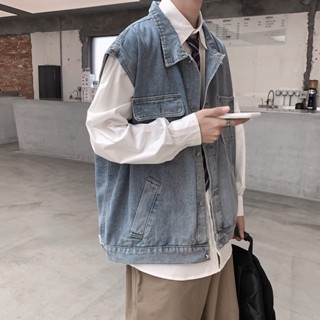 港風ins水洗做舊牛仔馬甲男春裝加肥大尺碼潮胖人寬鬆無袖無袖外套