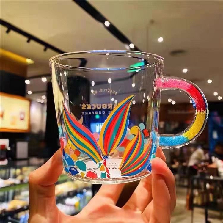 星巴克創意繽紛魚尾玻璃杯 高顏值彩色印花把手咖啡馬克杯