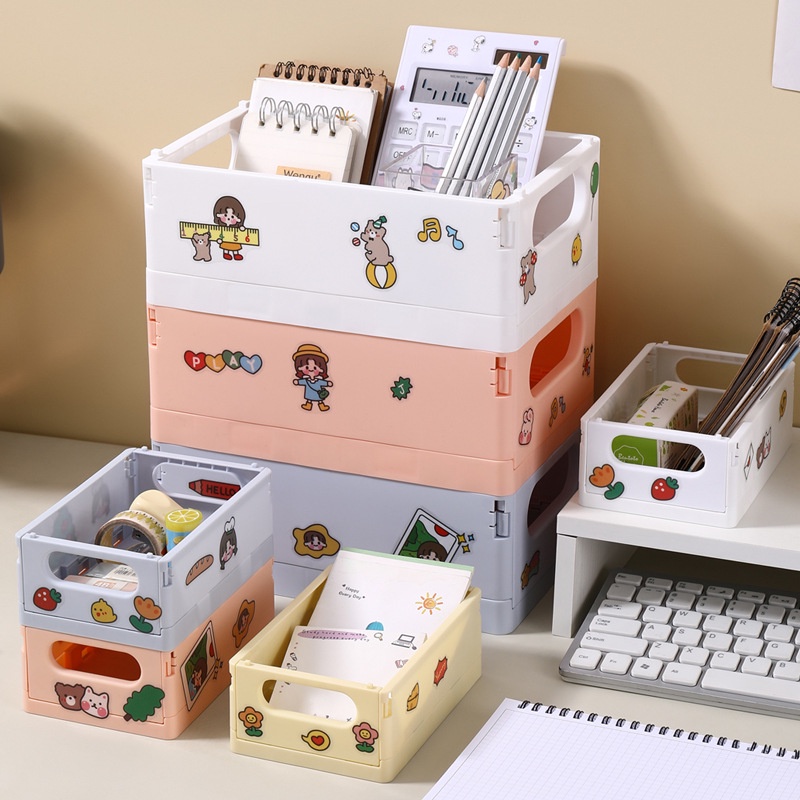 桌面摺疊收納盒 diy摺疊雜物籃 簡約素色書本零食玩具框 收納筐 宿舍桌面整理儲物箱