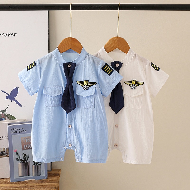 空軍海軍嬰兒短袖連身衣休閒純棉連身衣 100 天新生兒爬行服