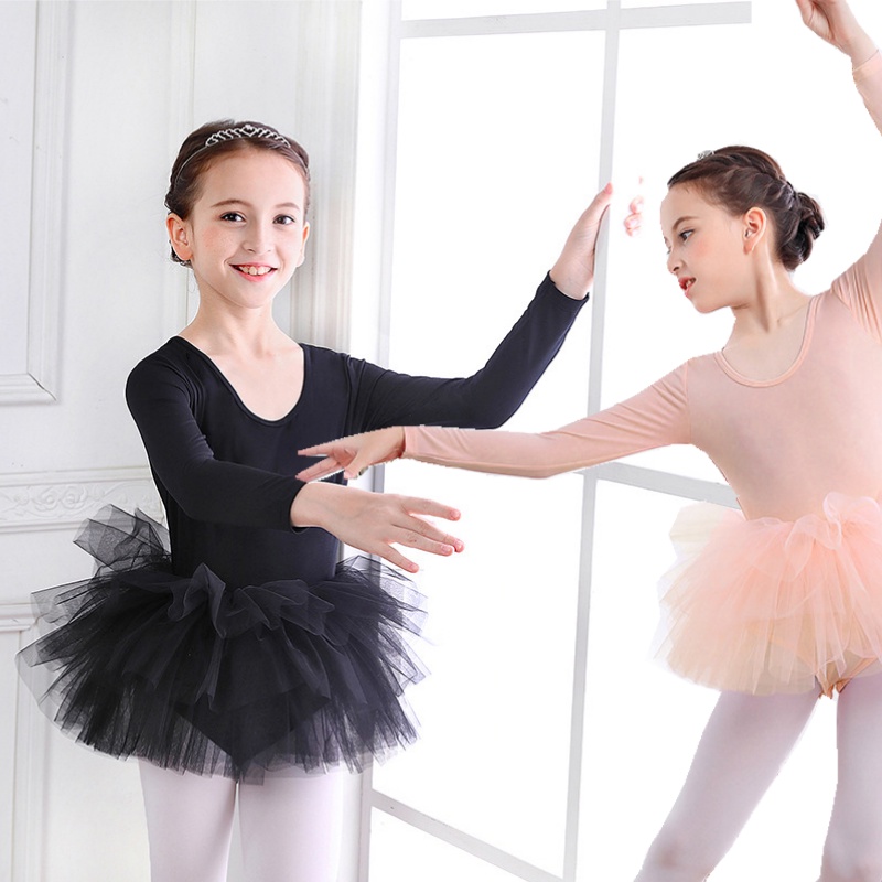 1-5歲小女孩新款秋冬長袖芭蕾舞洋裝及膝蕾絲蓬蓬裙兒童簡約甜美優雅舞蹈服運動洋裝