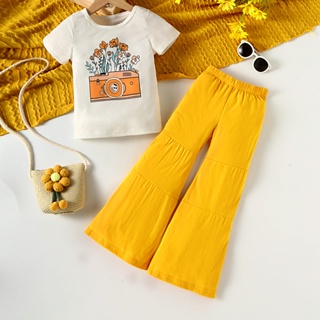 2pcs 4-7歲兒童女孩黃色短袖相機印花T恤配素色喇叭褲時尚日常韓式拍照生日派對裝