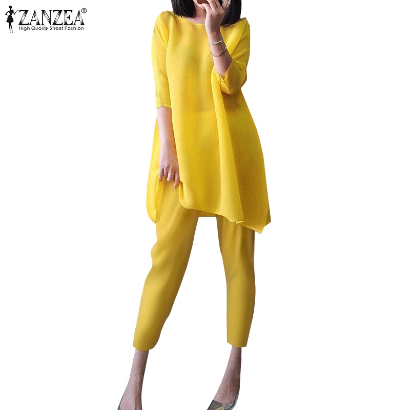 Zanzea 女韓版休閒半袖寬鬆圓領上衣+鬆緊腰褲兩件套