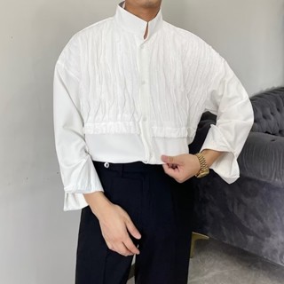 春季暗黑復古宮廷風小眾襯衫男長袖設計感皺褶拼接痞帥韓版髮型師英倫風宮廷復古立領蕾絲襯衫男秋季寬鬆休閒設計感禮服襯衫表演服