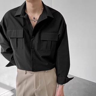 韓國男士時尚潮流休閒長袖襯衫大口袋中性超大垂褶襯衫