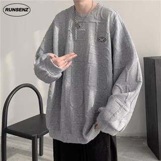 韓國簡約慵懶風格T恤男 oversize 休閒衛衣 秋季大學T 寬鬆素色華夫格長袖上衣 百搭運動衫 胖子顯瘦 男生衣著