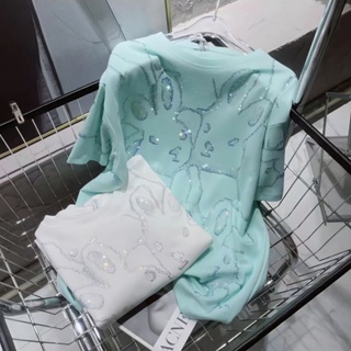歐洲站 重工 燙鑽 兔子 T恤 女 春夏 新款 高品質 糖果色 寬鬆 圓領 短袖 上衣