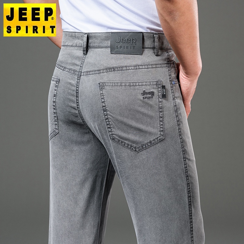 JEEP SPIRIT 夏季品牌男休閒褲灰色透氣直筒寬鬆天絲長褲子彈力百搭薄款J6010