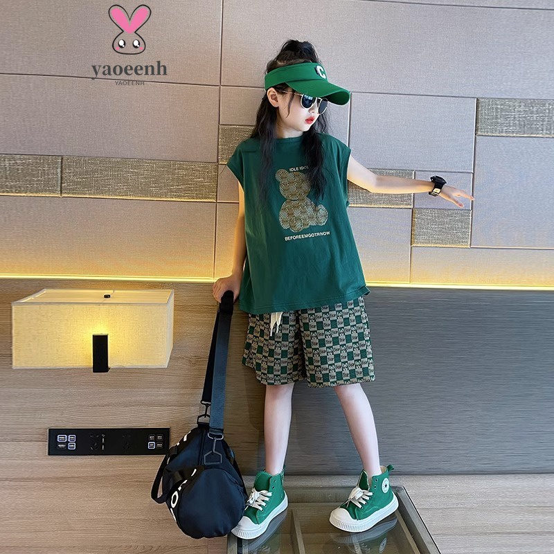 【YAOEENH】120-170CM 韓版女童套裝 中大童時尚運動背心洋氣短褲兩件套 現貨 快速出貨
