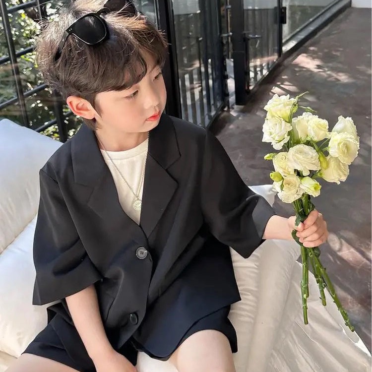 韓版時髦男童西裝套裝夏季新款寶寶洋氣韓風黑色兒童短袖外套小朋友西裝兒童休閒西裝