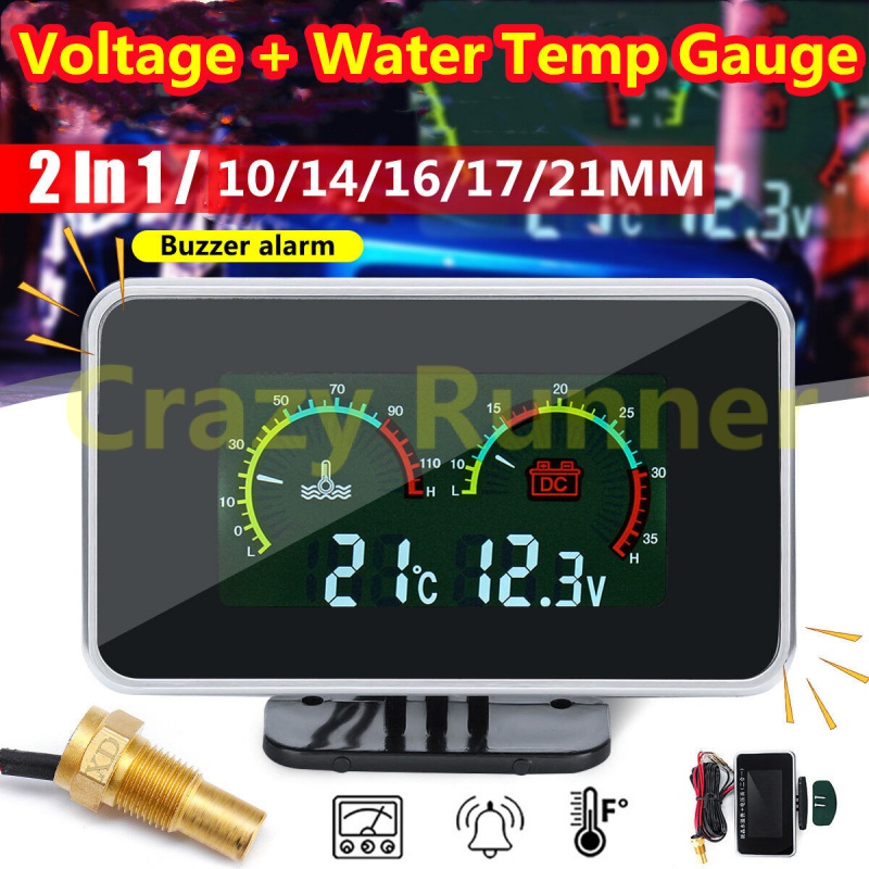 12v-24v 2in1 LCD 汽車數顯電壓表電壓水溫表水溫表蜂鳴器報警器帶 M10 10mm 12mm 14mm 1