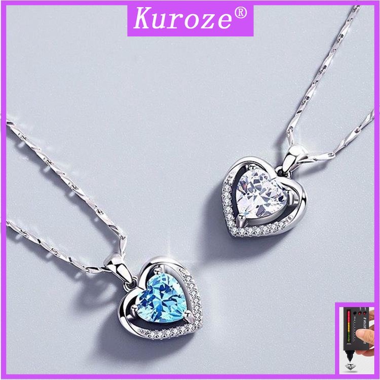 Kuroze S925 銀心形藍色水晶吊墜莫桑石永恆之心彩色寶石項鍊