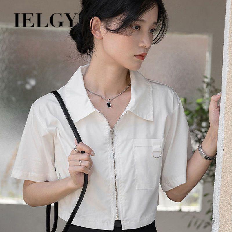 IELGY 襯衫女白色拉鍊短袖設計感韓版寬鬆修身上衣潮
