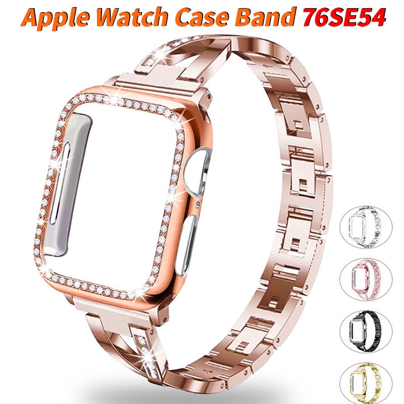 不銹鋼錶帶鑽石錶帶 + 錶殼適用於 Apple Watch 系列 8 7 SE 6 5 4 3 2 1 iWatch 4