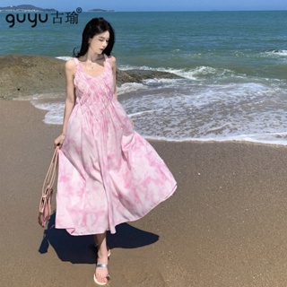 女神粉色印花長洋裝外出旅遊度假海邊沙灘裙 甜美禮服 外拍洋裝